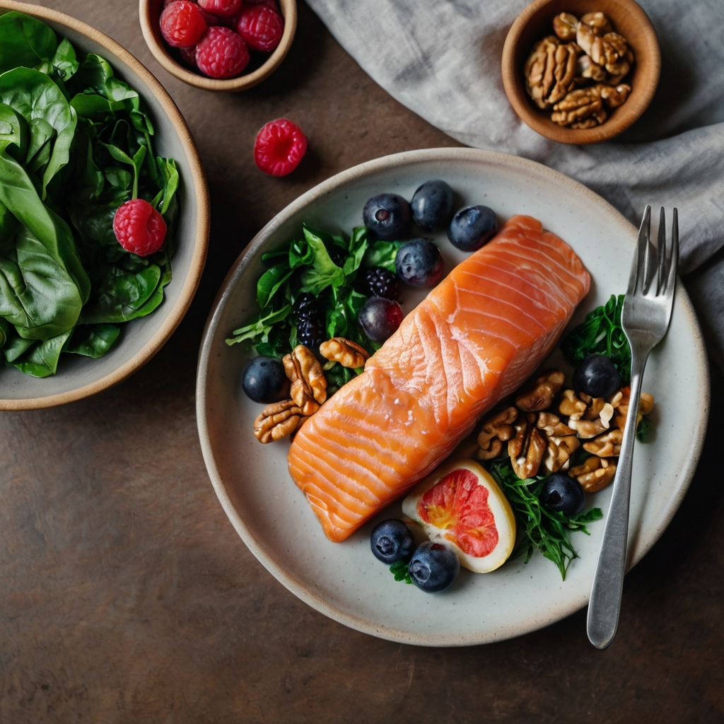 A vibrant image of a balanced plate featuring brain-boosting foods like salmon, nuts, leafy greens, and berries to illustrate the link between nutrition and mental performance.