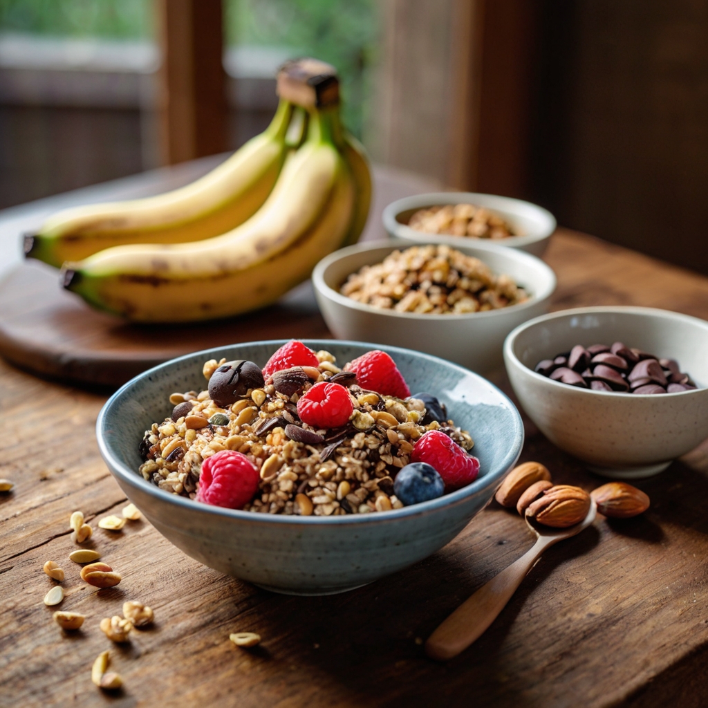 An assortment of high-energy foods like nuts, bananas, whole grains, and dark chocolate, showcasing the top 5 foods to boost your energy levels.