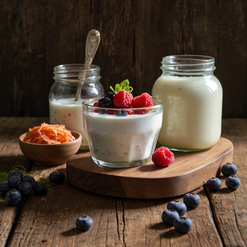 Various sources of probiotics like yogurt, kefir, sauerkraut, and kombucha, showing how to incorporate probiotics into your diet.